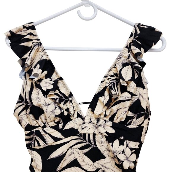 Cupshe Womens Black Beige Floral Ruffle One-Piece Swimsuit Open Back Design SZ M - Picture 5 of 6